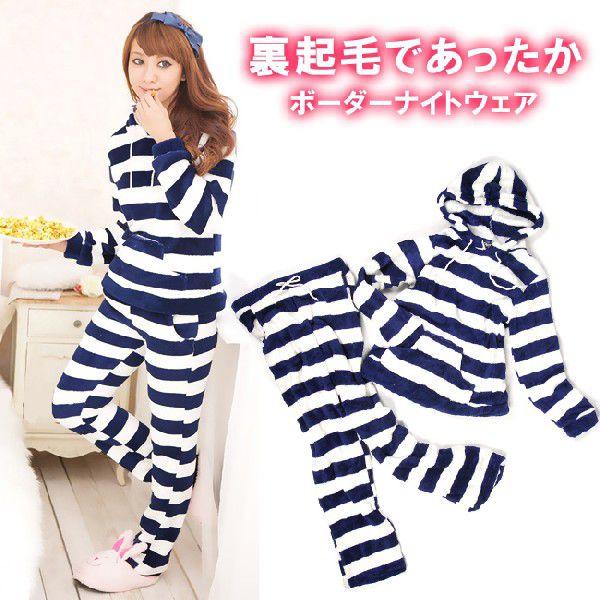パジャマ/ふわもこボーダーパーカーパジャマ/フード付き/ルームウェア/ナイティ/上下セット | 