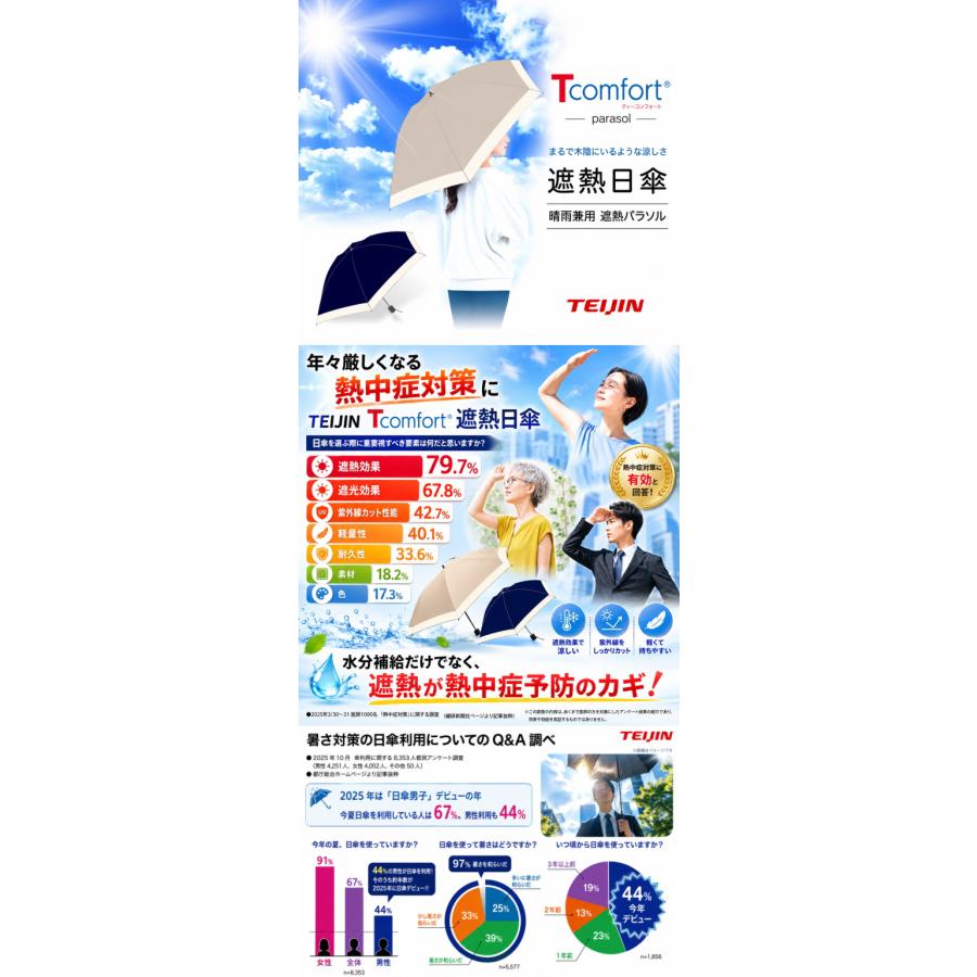 テイジン　日傘　晴雨兼用 テイジン T-comfort 晴雨 男女兼用遮熱パラソル 収納袋付き TEIJIN