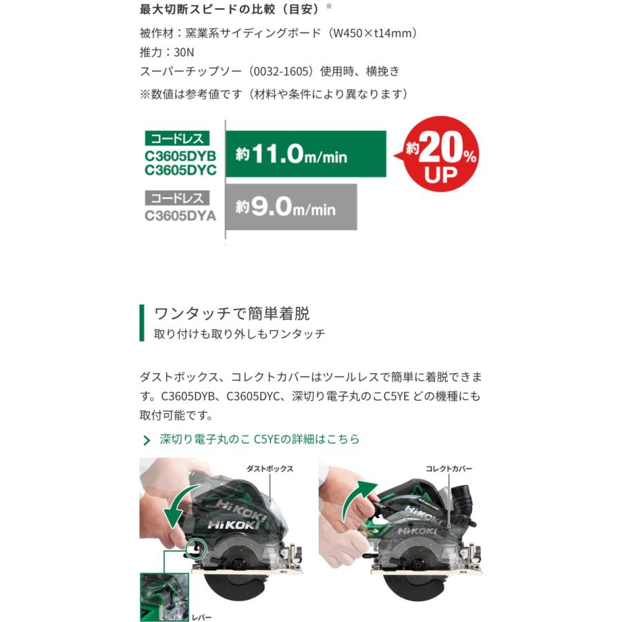 ・HiKOKI  125mm  ハイコーキマルチボルト36V コードレス集じん丸のこ C3605DYC(XPSZ) セット品バッテリ BSL36A18BX 1個、充電器UC18YDL2、ケース付の画像
