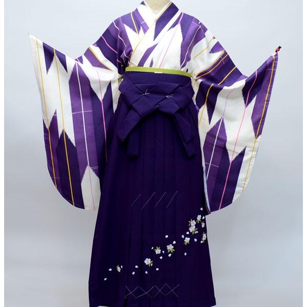 着物袴セット ジュニア用へ直し144cm〜150cm  矢羽 矢絣柄 大柄 紫色×白 袴変更可能 卒業式 新品（株）安田屋 NO26082-03
