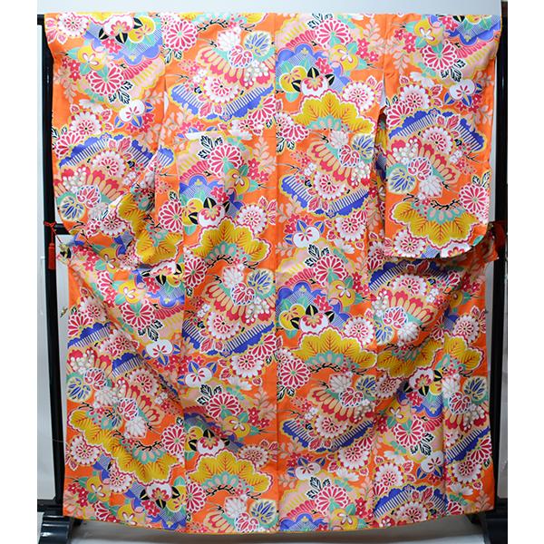 二尺袖着物 単品 仕立て上がり 合繊 百花斉放 オレンジ NO31397-4 二尺袖着物 単品 仕立て上がり 合繊 百花斉放 オレンジ色 卒業式 新品