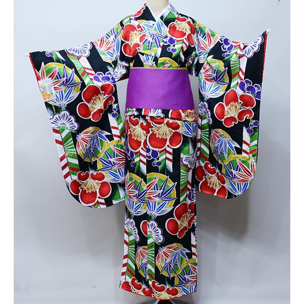 二尺袖着物 単品 仕立て上がり 合繊 和遊日 黒地 卒業式 新品（株 