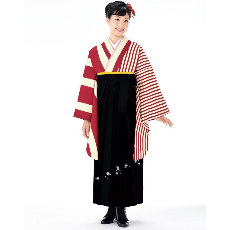 二尺袖 着物 袴フルセット 半身仕立て 赤×ベージュ 着物丈は着付けし 