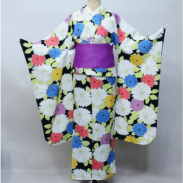 二尺三寸袖着物 単品 仕立て上がり 合繊 やや袖長 黒地×白 卒業式 新品 