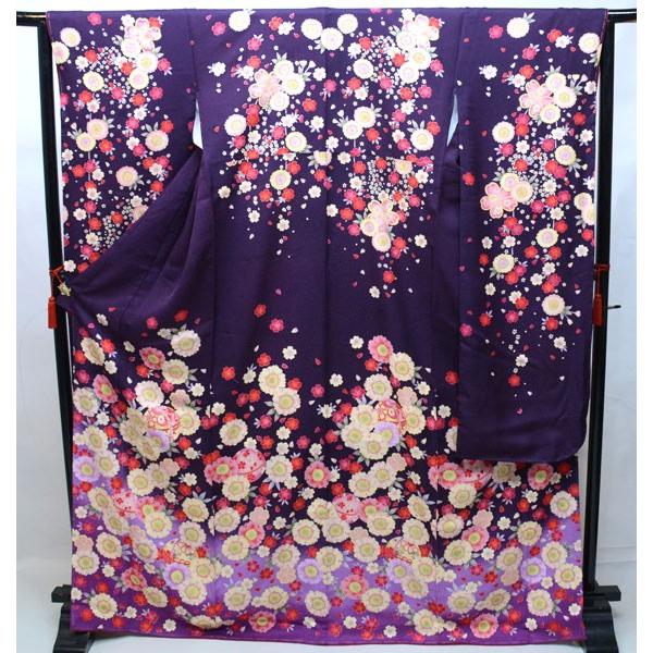 振袖 正絹 着物単品 仕立て上がり 濃い紫地 百花繚乱 NO32618