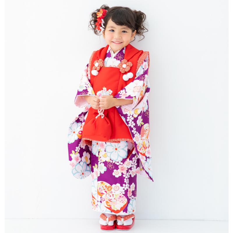 七五三 三歳 女児 被布着物フルセット 合繊 ピンク×黒色 祝着 NO37910 