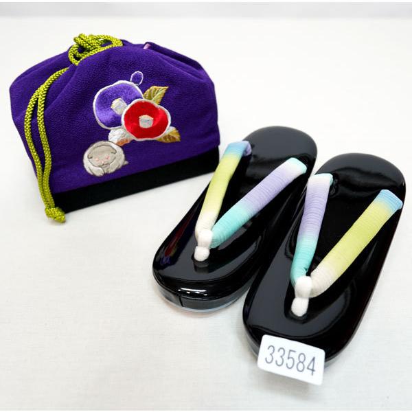 七五三 七歳 女児 草履バッグセット 巾着 21㎝ 紫×黒 NO33584 七五三 七歳 女児 草履バッグセット 巾着 21cm UNSODO 日本製 紫×黒