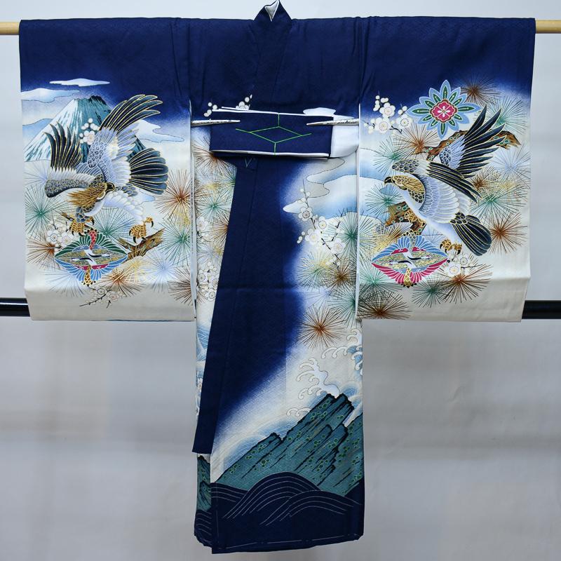 お宮参り 産着 男児 男の子 のしめ 合繊 金刺繍 綸子地 濃紺色 祝着 一つ身 お宮参り 産着 男児 男の子 正絹 のしめ 金刺繍 紺地 綸子 一つ身 祝着