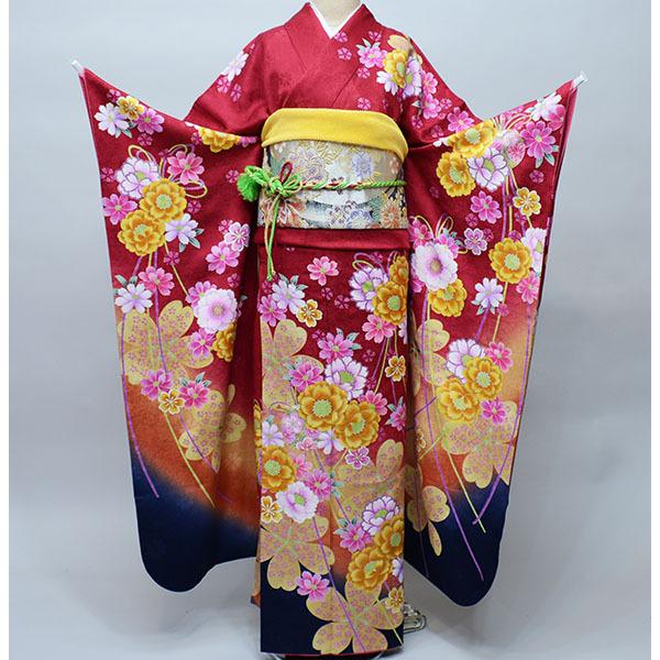 振袖 正絹 着物単品 仕立て上がり 百花繚乱 花金縁取り 深く渋い赤