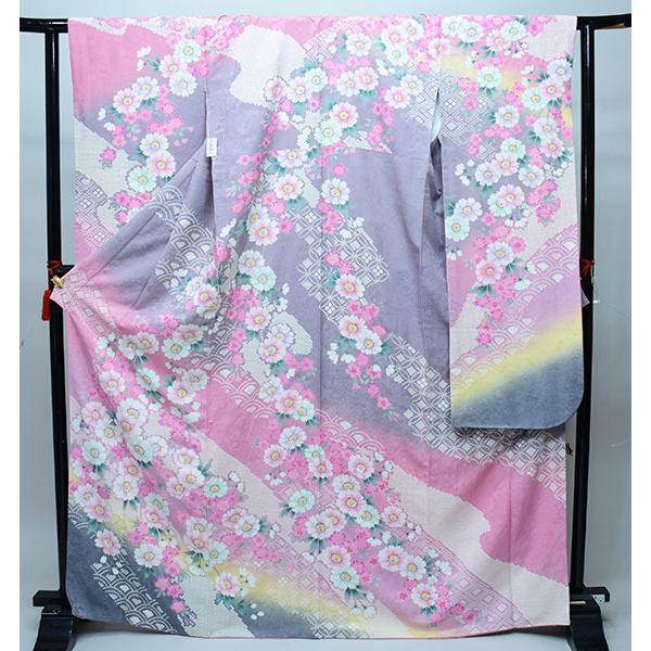 振袖 正絹 着物単品 仕立て上がり 百花繚乱 絞り入り ピンク×グレー
