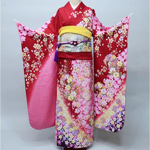 振袖 正絹 着物単品 仕立て上がり 百花繚乱 花金縁取り 赤×ピンク 成人 