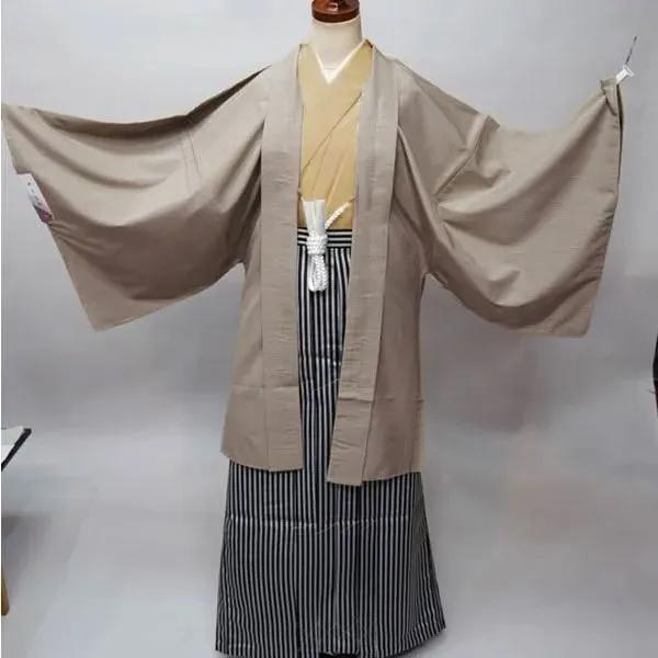 代引き手数料無料 羽織 袴セット 男性用 Lサイズ 適合身長171 180cm 半襦袢 角帯 羽織紐付き 紋入れ可 縞袴 ベージュ系 新品 株 安田屋 H 限定製作 Cygen Eu