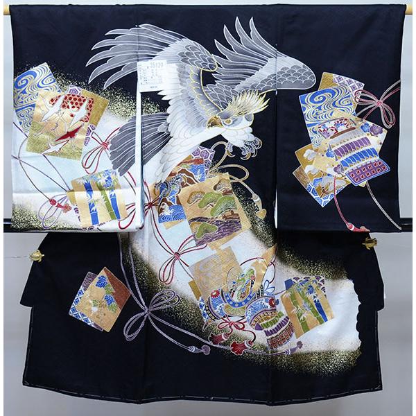 お宮参り 産着 のしめ 男児 男の子 正絹 綸子 豪華絢爛 金刺繍 祝着 鷹 黒地 新品 (株) 安田屋 NO35120