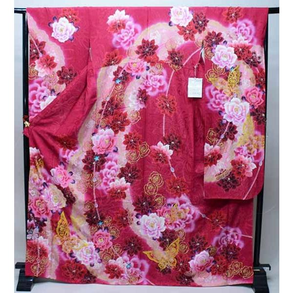 振袖 正絹 着物 単品 仕立て上がり 百花繚乱 バラ刺繍 ラメ入り レース 