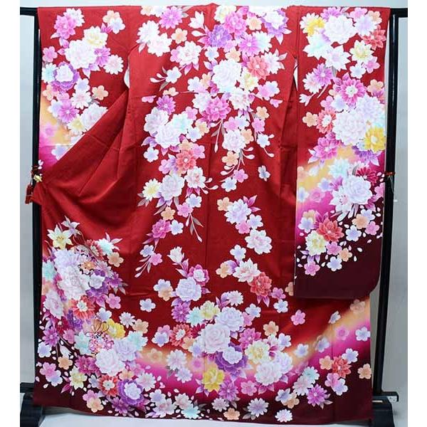 振袖 正絹 着物 単品 仕立て上がり 百花繚乱 花びらにラメ 濃赤