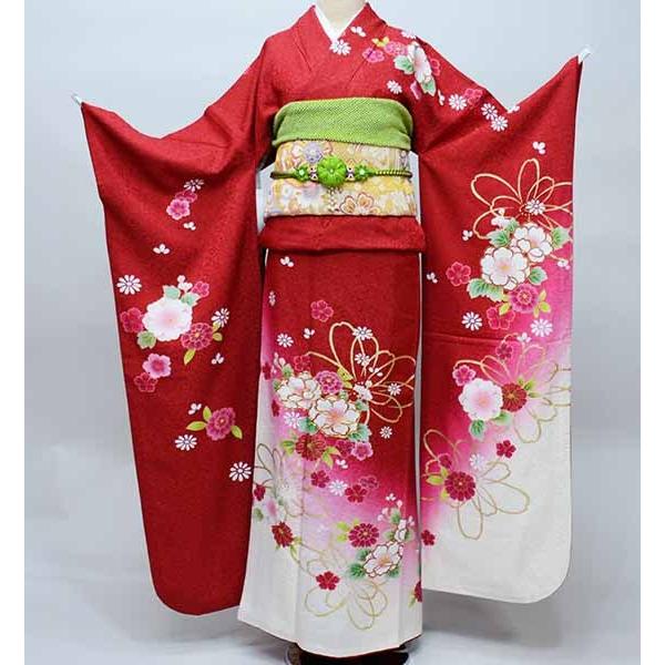 振袖 正絹 着物 単品 仕立て上がり 百花繚乱 ラメ 濃赤色 成人式 結納 