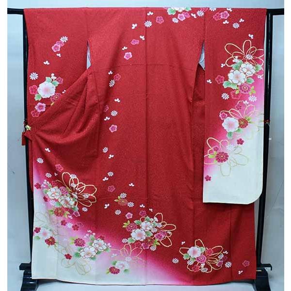 振袖 正絹 着物 単品 仕立て上がり 百花繚乱 ラメ 濃赤色 成人式 結納 