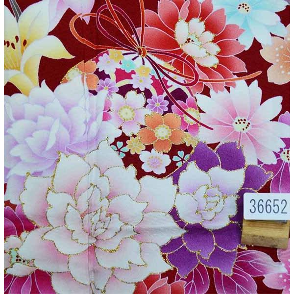 振袖 正絹 着物 単品 仕立て上がり 百花繚乱 牡丹 毬 リボン 濃赤