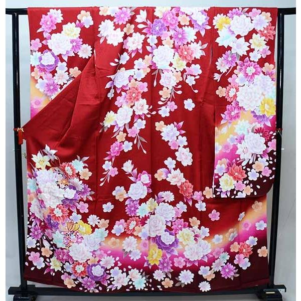 振袖 正絹 着物 単品 仕立て上がり 百花繚乱 牡丹 毬 リボン 濃赤