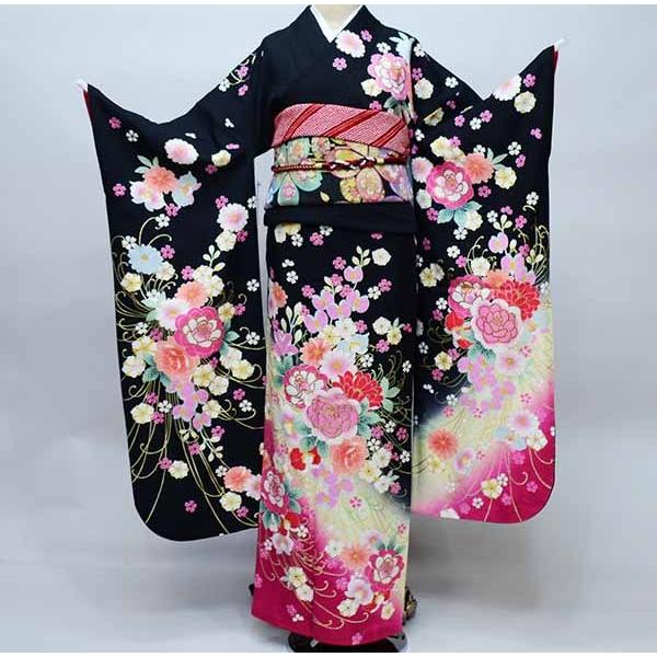 振袖 正絹 着物 単品 仕立て上がり 百花繚乱 バラ 黒地×赤紫 成人式 