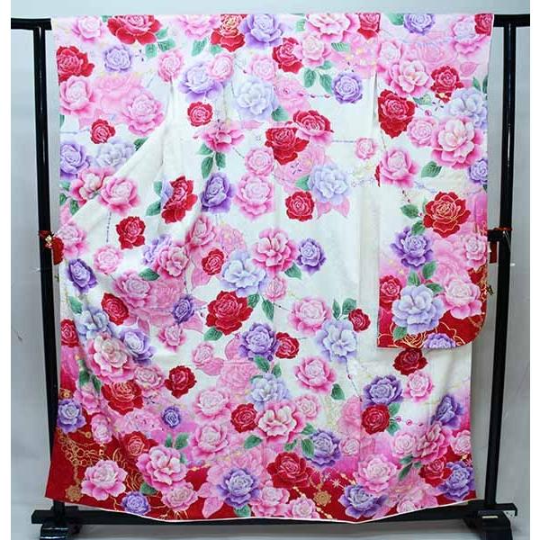 振袖 正絹 着物 単品 仕立て上がり 百花繚乱 バラ 牡丹 花刺繍 スワロ 