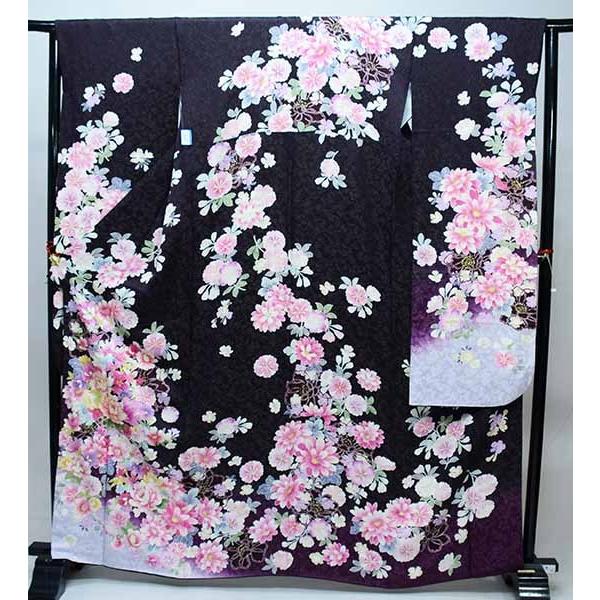 振袖 正絹 着物 単品 仕立て上がり 百花繚乱 ラメ 黒に近い紫色 成人式 