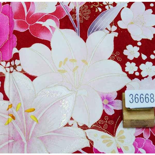 振袖 正絹 着物 単品 仕立て上がり 百花繚乱 バラ ユリ 花刺繍 赤色 