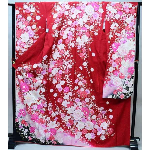 振袖 正絹 着物 単品 仕立て上がり 百花繚乱 バラ ユリ 花刺繍 赤色 