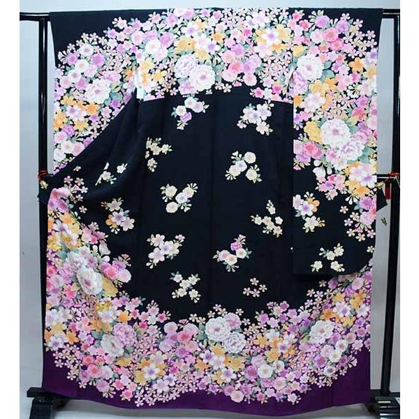 振袖 正絹 着物 単品 仕立て上がり 百花繚乱 花刺繍 黒地 成人式 結納 