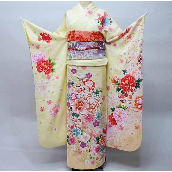 振袖 正絹 着物 単品 仕立て上がり 百花繚乱 牡丹 菊 花刺繍 クリーム 