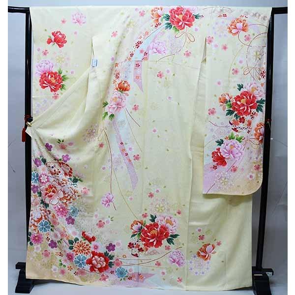振袖 正絹 着物 単品 仕立て上がり 百花繚乱 牡丹 菊 花刺繍 クリーム 