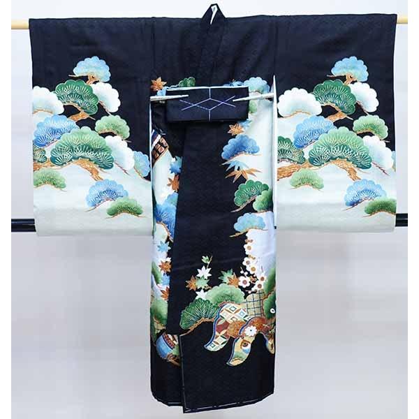 お宮参り 産着 男児 男の子 正絹 のしめ 黒地 綸子地 兜 龍 一つ身 