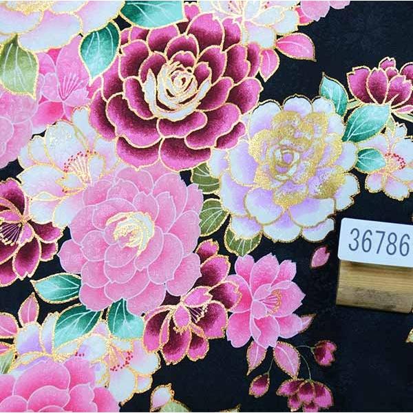 二尺袖 着物 袴 フルセット 百花斉放 着物丈はショート丈 黒地 袴変更 