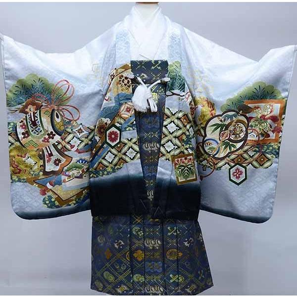 七五三 五歳 男児 羽織袴フルセット 着物 豪華絢爛 金刺繍 綸子地 白地