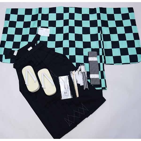 七五三 五歳 男児 羽織 袴フルセット 日本製 黒×緑 市松模様 NO37097 七五三 五歳 男児 羽織 袴フルセット 日本製 黒×緑 市松模様 お