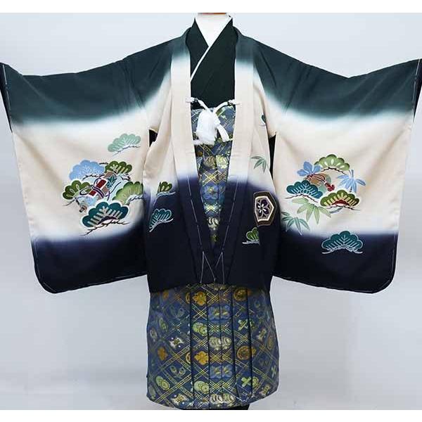 七五三 五歳 男児 正絹 羽織袴フルセット 深緑 手染 袴変更可 NO37110