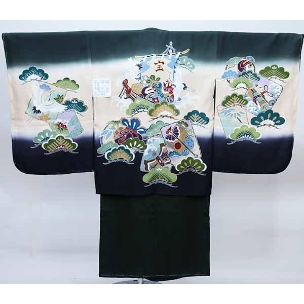 七五三 五歳 男児 正絹 着物 羽織袴フルセット 深緑地 暈し 手染め