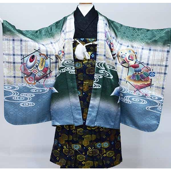 七五三 五歳 男児 羽織袴フルセット 着物 豪華絢爛 金刺繍 綸子地 緑 