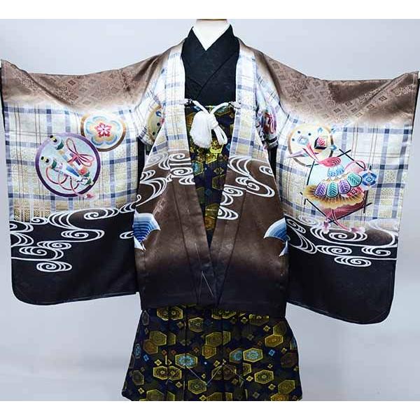 七五三 五歳 男児 羽織袴フルセット 着物 豪華絢爛 金刺繍 綸子地 茶 