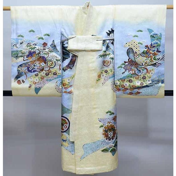 お宮参り産着 のしめ 男児 正絹 手染め 綸子 金刺繍 紺色 鷹 NO38490