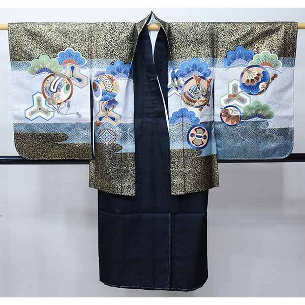 七五三 五歳 男児 羽織・着物・襦袢3点セット 豪華絢爛 金刺繍 黒 宝船 