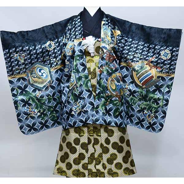 七五三 五歳 男児 羽織袴フルセット 着物 L寸 豪華絢爛 綸子地 黒地 兜