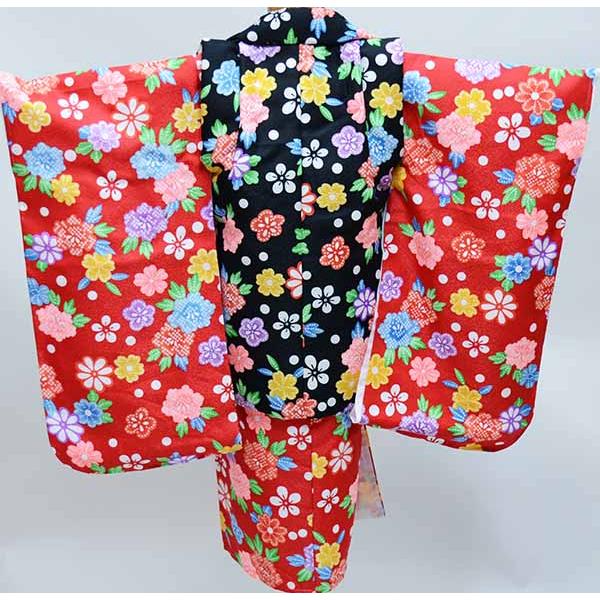 七五三 三歳 女児 被布着物フルセット 百花繚乱 赤色×黒色 半衿付き 3