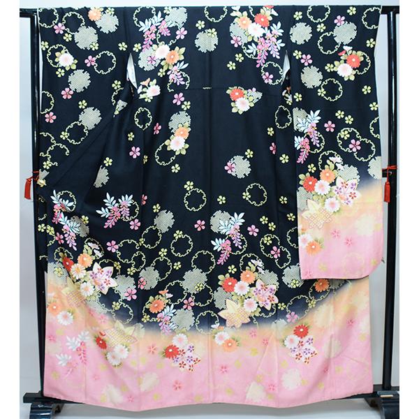 振袖 正絹 着物単品 仕立て上がり 百花繚乱 金駒刺繍 菊 黒地 