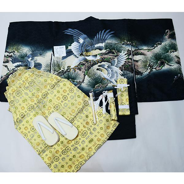 七五三 五歳 男児 羽織袴フルセット 金刺繍 黒地 鷹 袴変更可 NO37665 七五三 五歳 男児 羽織袴フルセット 着物 金刺繍 黒地 鷹 祝着 5歳 五