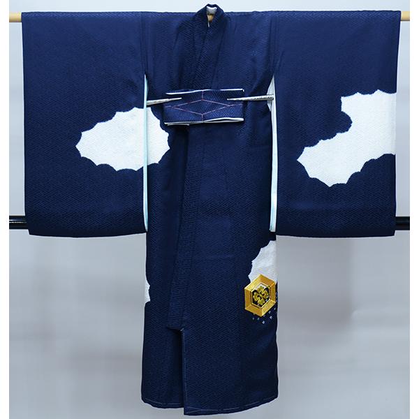 お宮参り 産着 男児 正絹 のしめ 絞り 総刺繍 兜 濃紺地 NO38694