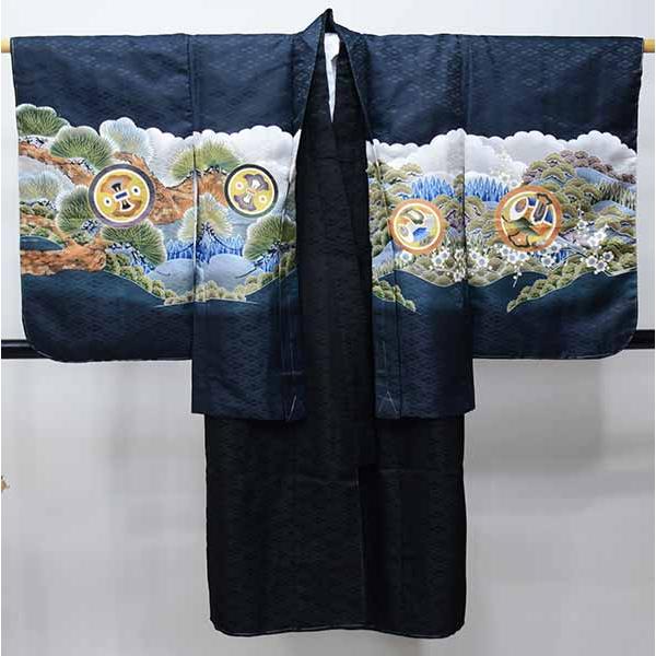 七五三 五歳 男児 羽織・着物・襦袢3点セット 豪華絢爛 鷹 黒地 5歳 五
