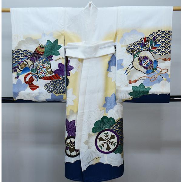 お宮参り 産着 のしめ 男児 正絹 着物 綸子地 豪華絢爛 金刺繍 兜 白地 