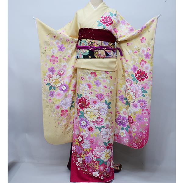 振袖 正絹 着物 単品 仕立て上がり 百花繚乱 金刺繍 クリーム色 成人式
