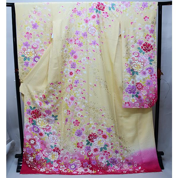 振袖 正絹 着物 単品 仕立て上がり 百花繚乱 金刺繍 クリーム色 成人式  